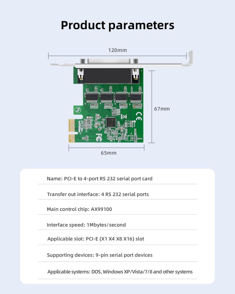 Buacoz PCIe to 4 Port RS232 Serial Expansion Card - 9-Pin DB9 COM Port Adapter for Industrial PCs, 4X RS232 Ports Converter with Plug and Play, Support Windows/Linux - Image 2